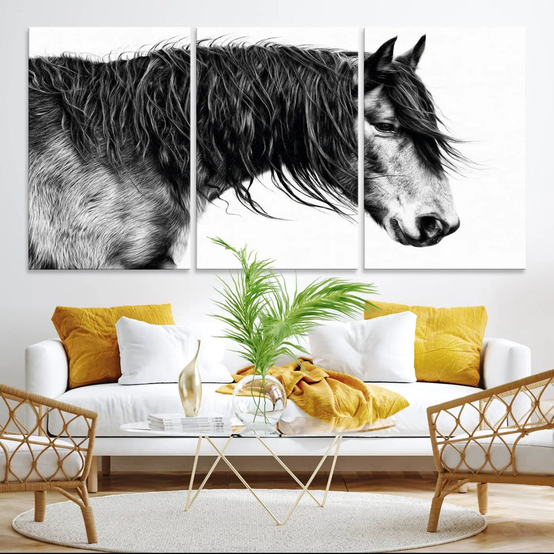 The Black Horse Wall Art Canvas hangs elegantly in a modern kitchen setting.