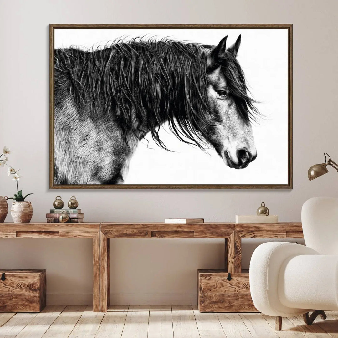 The Black Horse Wall Art Canvas hangs elegantly in a modern kitchen setting.