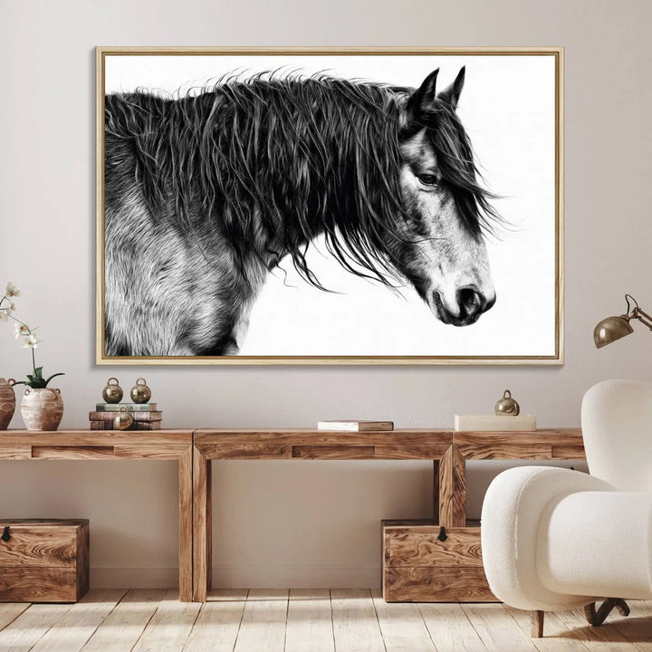 The Black Horse Wall Art Canvas hangs elegantly in a modern kitchen setting.