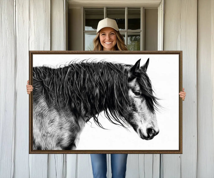 The Black Horse Wall Art Canvas hangs elegantly in a modern kitchen setting.