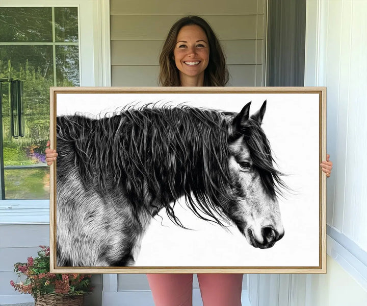 The Black Horse Wall Art Canvas hangs elegantly in a modern kitchen setting.