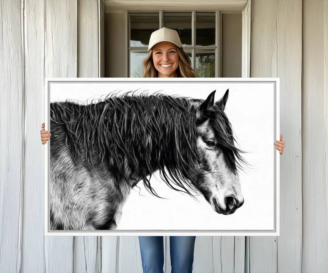 The Black Horse Wall Art Canvas hangs elegantly in a modern kitchen setting.