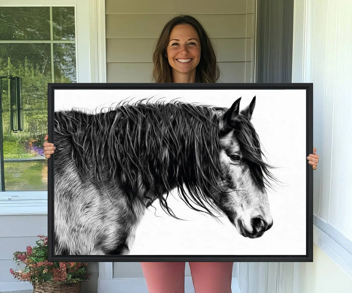 The Black Horse Wall Art Canvas hangs elegantly in a modern kitchen setting.