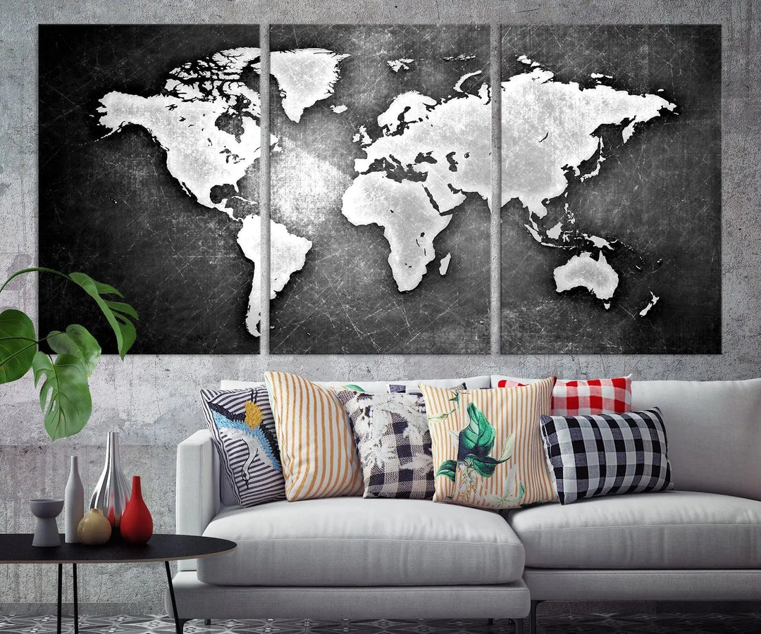 Black Metallic Wall Art World Map Map Canvas Print