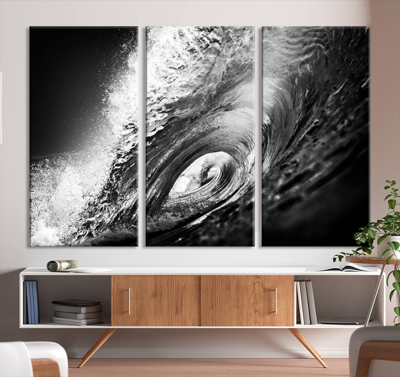 22702-MGV-CV-36X24-Black Ocean Wave at Sunset Canvas Art, Large Wall Print of Vibrant Water Waves, Black Ocean Wave