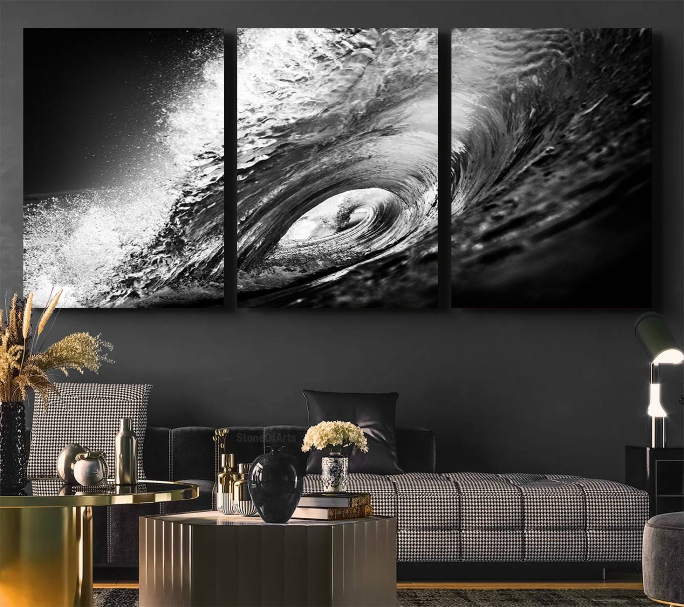 22702-MGV-CV-36X24-Black Ocean Wave at Sunset Canvas Art, Large Wall Print of Vibrant Water Waves, Black Ocean Wave