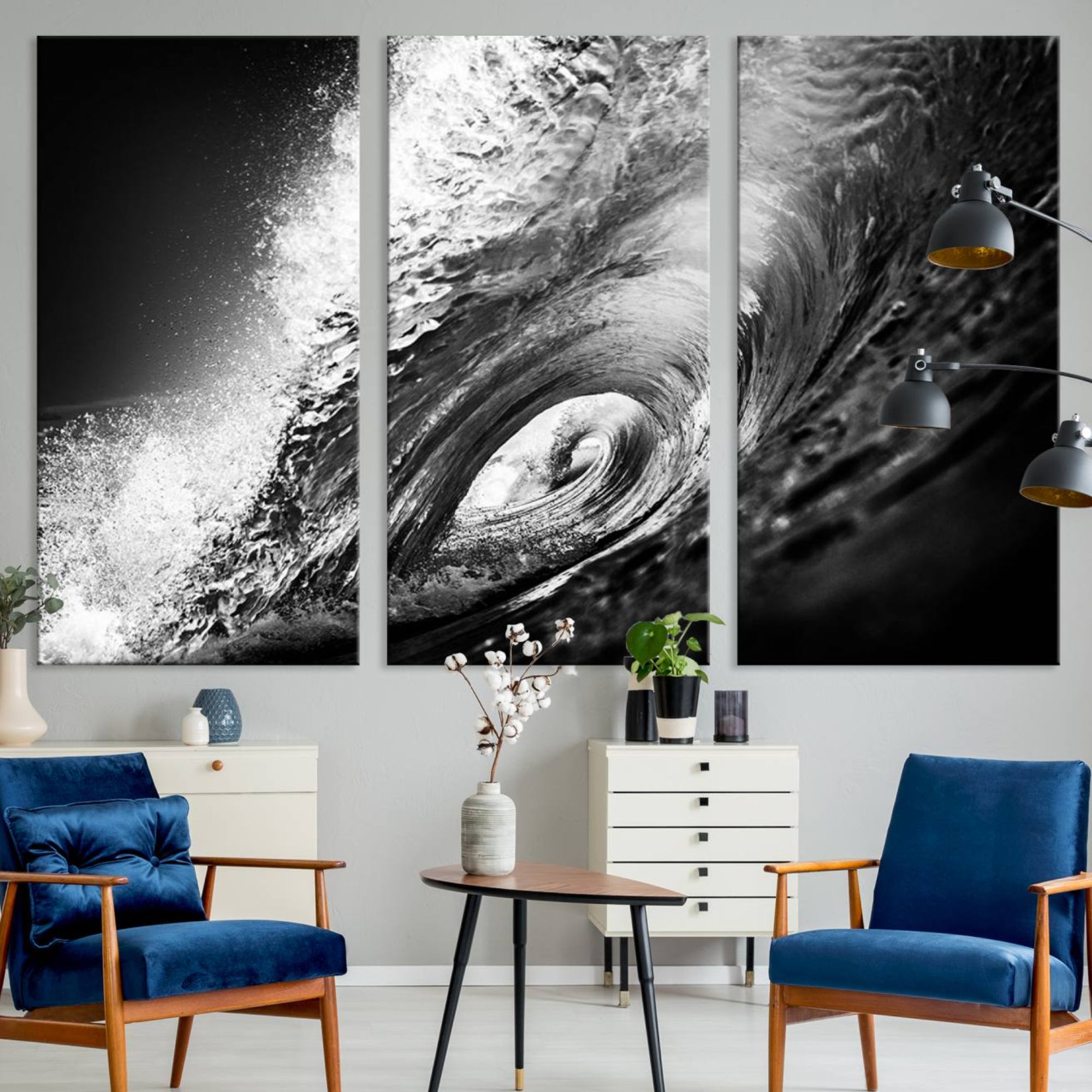 22702-MGV-CV-48X32-3P-Black Ocean Wave at Sunset Canvas Art, Large Wall Print of Vibrant Water Waves, Black Ocean Wave