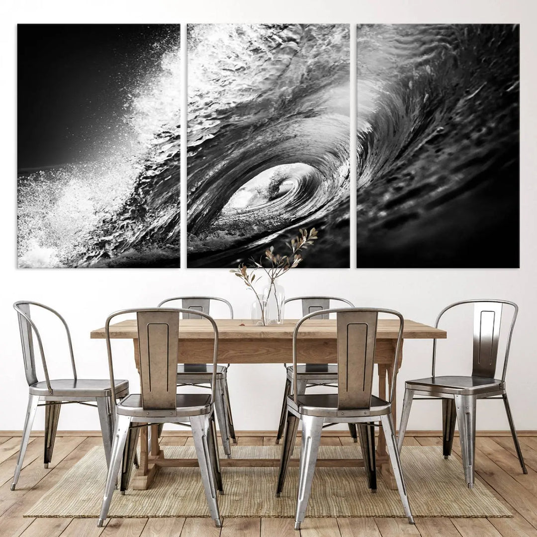 A three-panel display of the "Black Ocean Wave at Sunset Canvas Art" features a vibrant depiction of water waves in black and white, perfectly capturing the coastal ambiance.