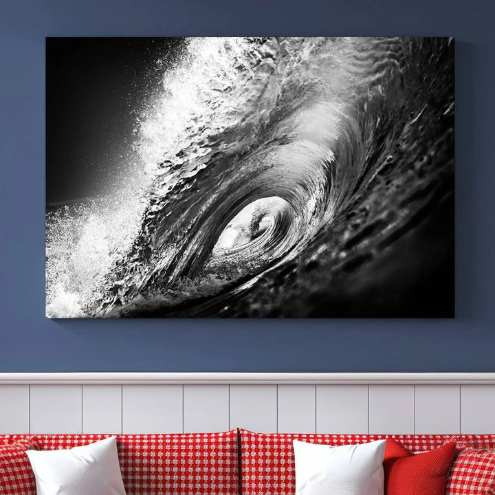 A three-panel display of the "Black Ocean Wave at Sunset Canvas Art" features a vibrant depiction of water waves in black and white, perfectly capturing the coastal ambiance.