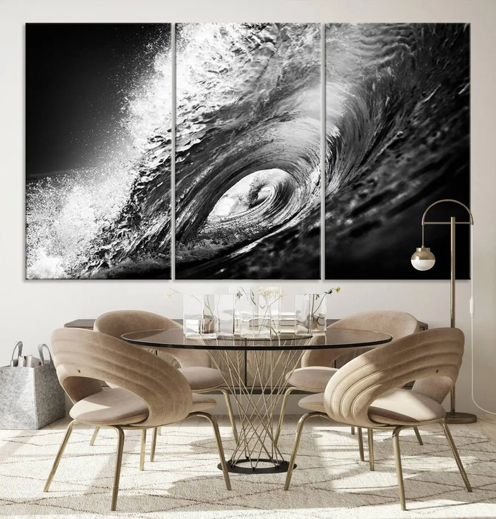 A three-panel display of the "Black Ocean Wave at Sunset Canvas Art" features a vibrant depiction of water waves in black and white, perfectly capturing the coastal ambiance.