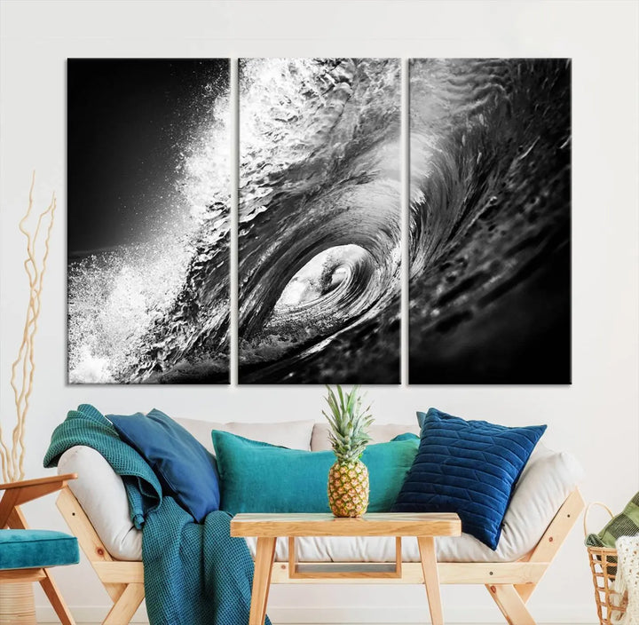 A three-panel display of the "Black Ocean Wave at Sunset Canvas Art" features a vibrant depiction of water waves in black and white, perfectly capturing the coastal ambiance.