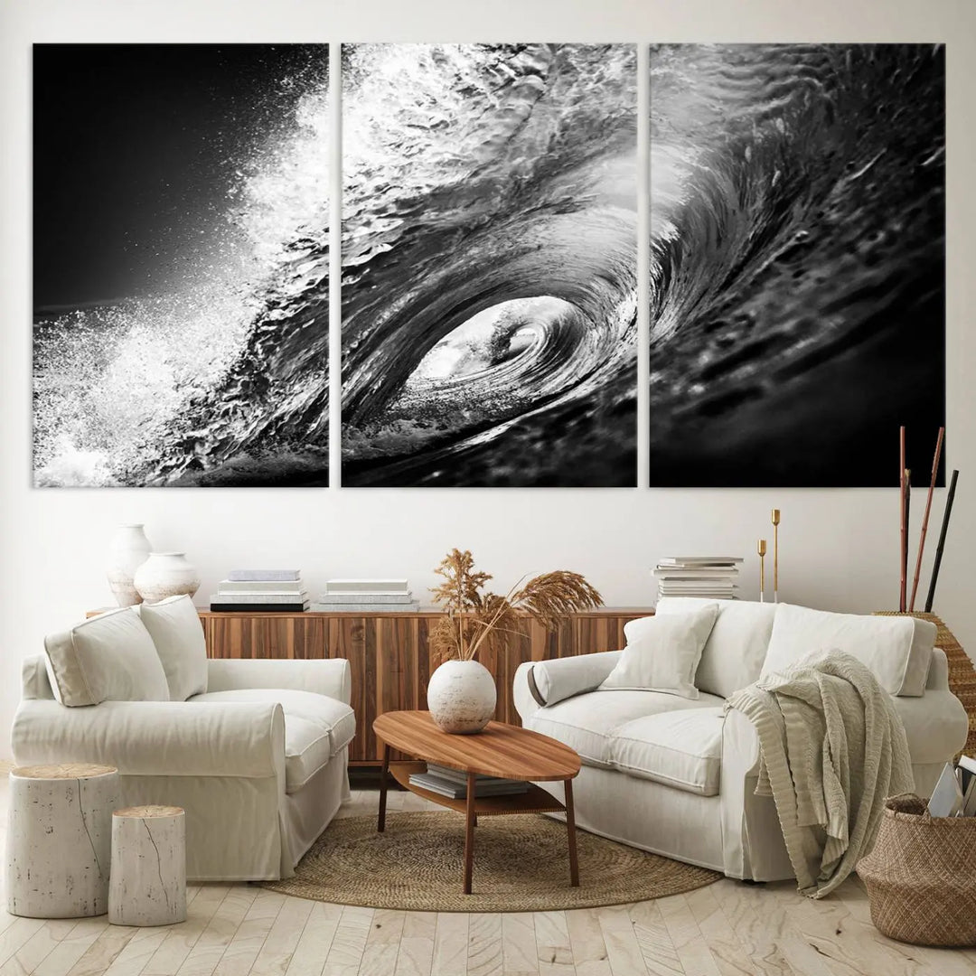 A three-panel display of the "Black Ocean Wave at Sunset Canvas Art" features a vibrant depiction of water waves in black and white, perfectly capturing the coastal ambiance.