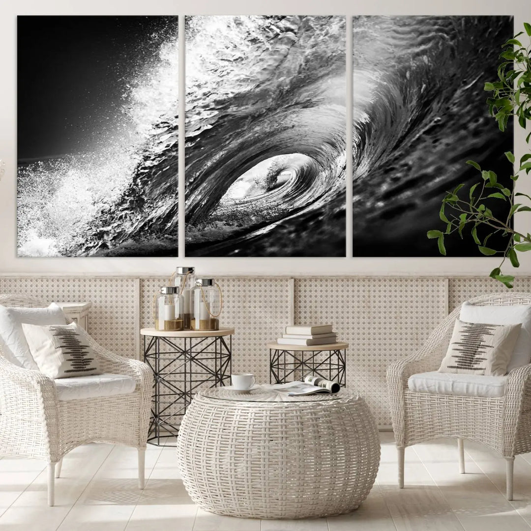 A three-panel display of the "Black Ocean Wave at Sunset Canvas Art" features a vibrant depiction of water waves in black and white, perfectly capturing the coastal ambiance.