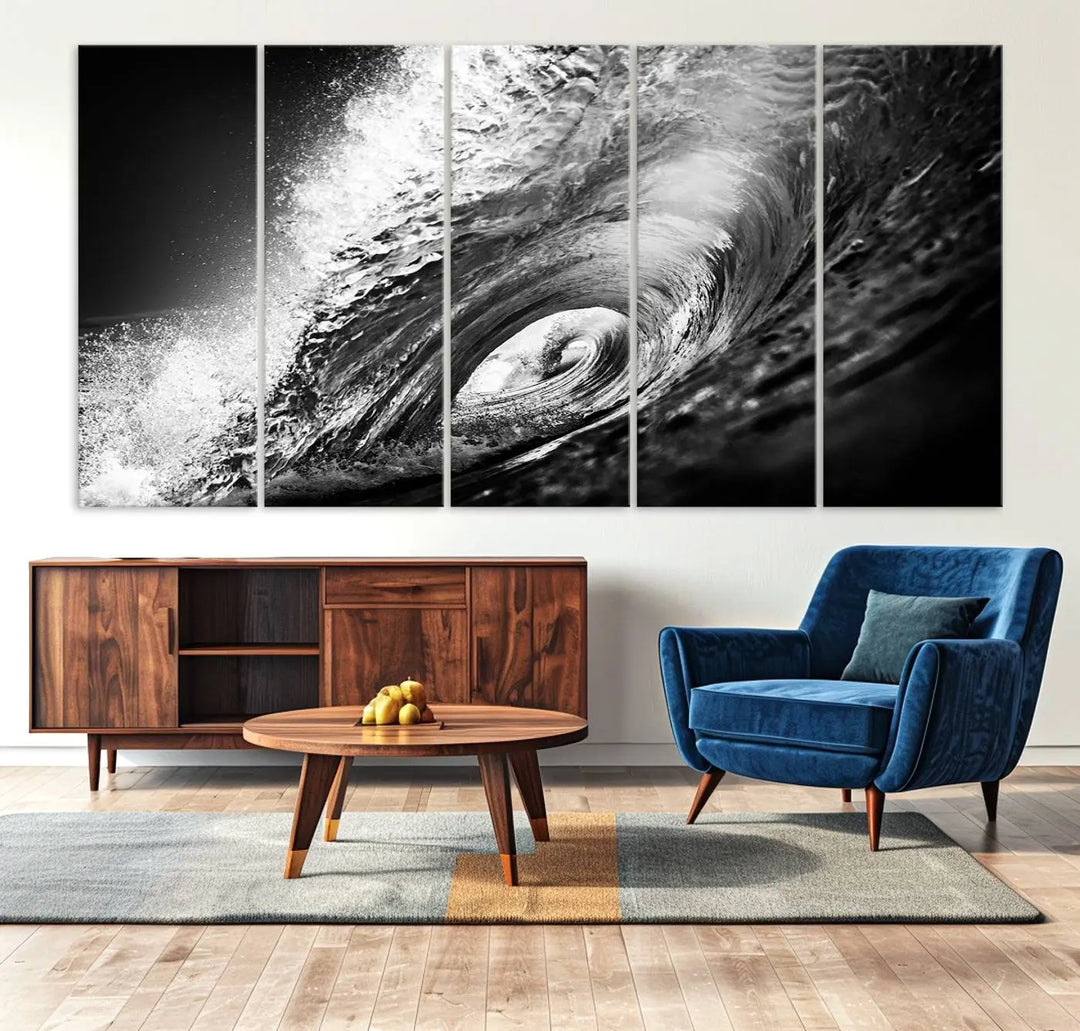 A three-panel display of the "Black Ocean Wave at Sunset Canvas Art" features a vibrant depiction of water waves in black and white, perfectly capturing the coastal ambiance.