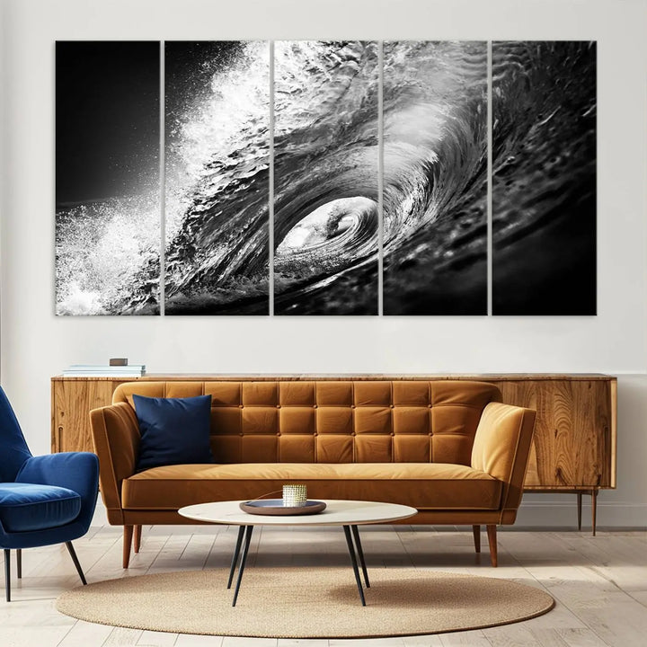 A three-panel display of the "Black Ocean Wave at Sunset Canvas Art" features a vibrant depiction of water waves in black and white, perfectly capturing the coastal ambiance.