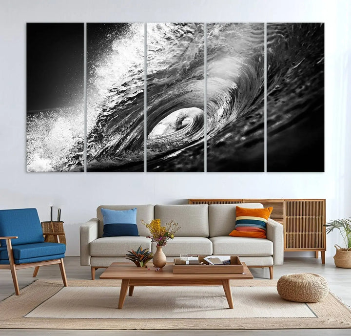 A three-panel display of the "Black Ocean Wave at Sunset Canvas Art" features a vibrant depiction of water waves in black and white, perfectly capturing the coastal ambiance.