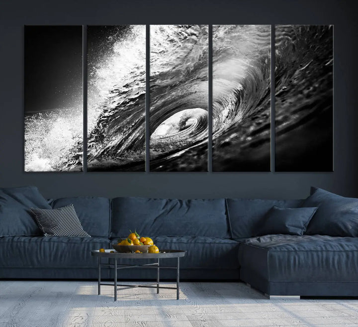 A three-panel display of the "Black Ocean Wave at Sunset Canvas Art" features a vibrant depiction of water waves in black and white, perfectly capturing the coastal ambiance.