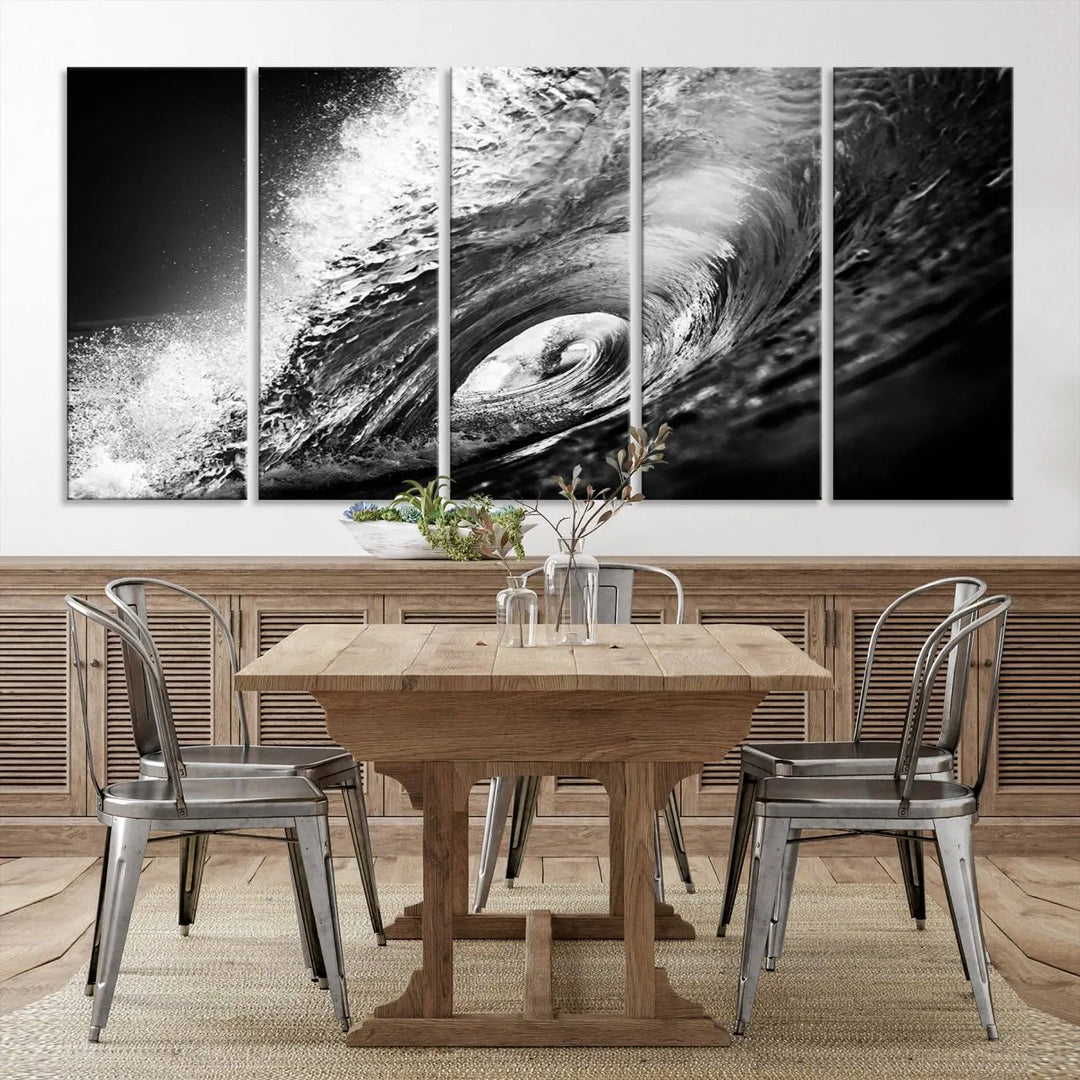 A three-panel display of the "Black Ocean Wave at Sunset Canvas Art" features a vibrant depiction of water waves in black and white, perfectly capturing the coastal ambiance.