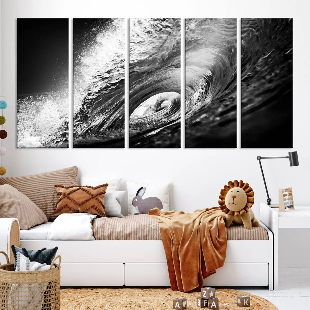 A three-panel display of the "Black Ocean Wave at Sunset Canvas Art" features a vibrant depiction of water waves in black and white, perfectly capturing the coastal ambiance.