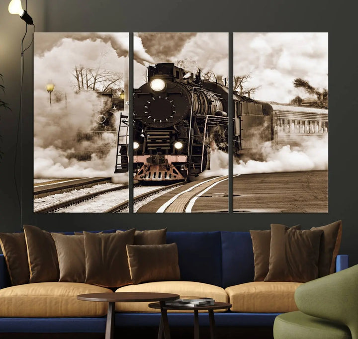 A Black Steam Train Canvas Wall Art is displayed, printed on museum-quality pollycotton.