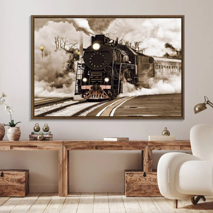 A Black Steam Train Canvas Wall Art is displayed, printed on museum-quality pollycotton.