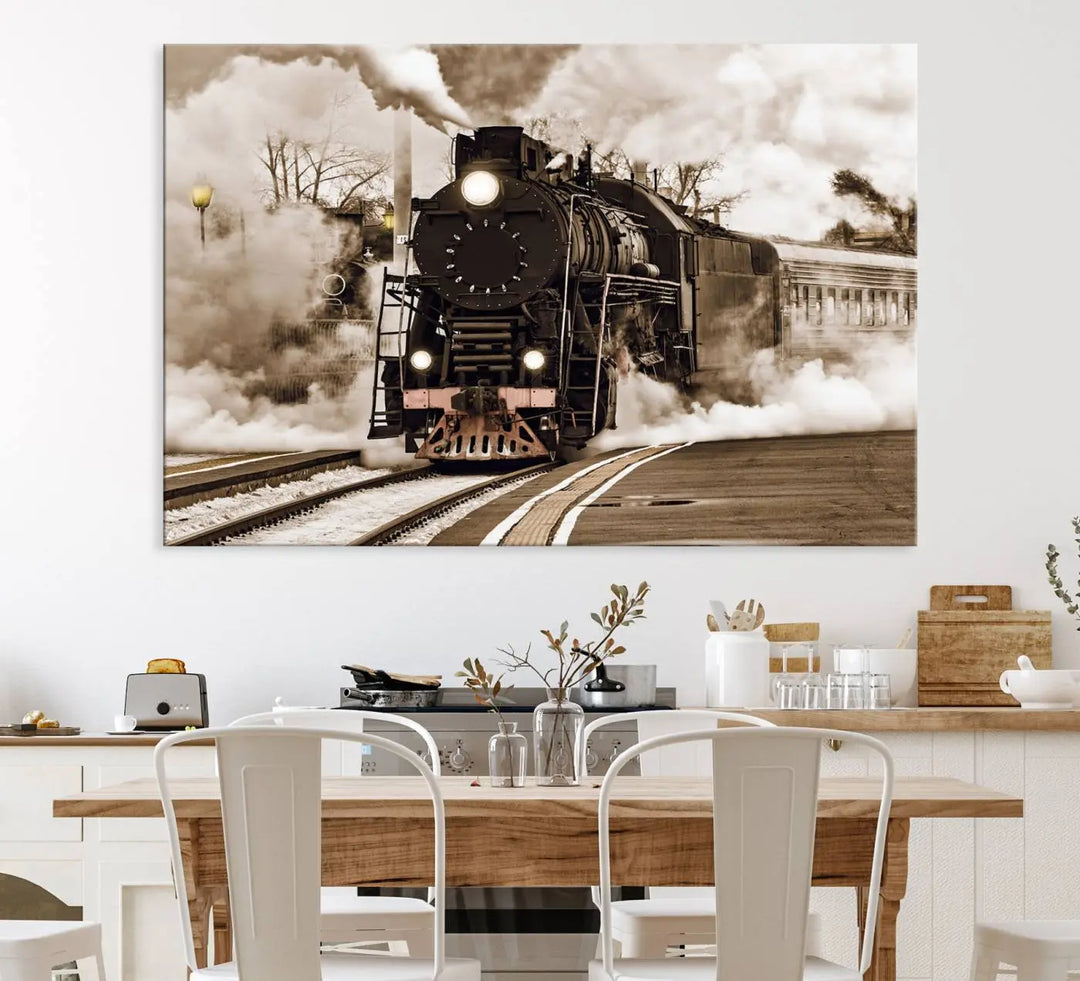 A Black Steam Train Canvas Wall Art is displayed, printed on museum-quality pollycotton.