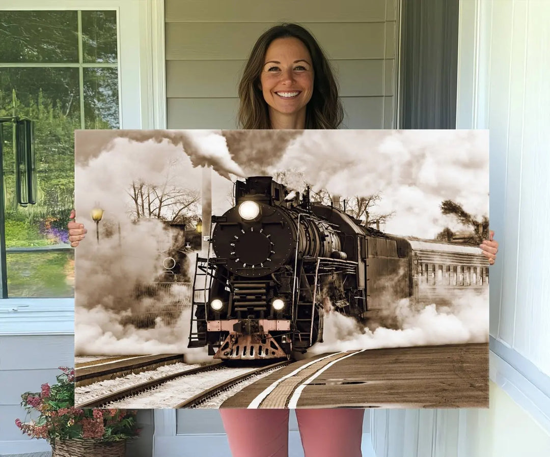 A Black Steam Train Canvas Wall Art is displayed, printed on museum-quality pollycotton.