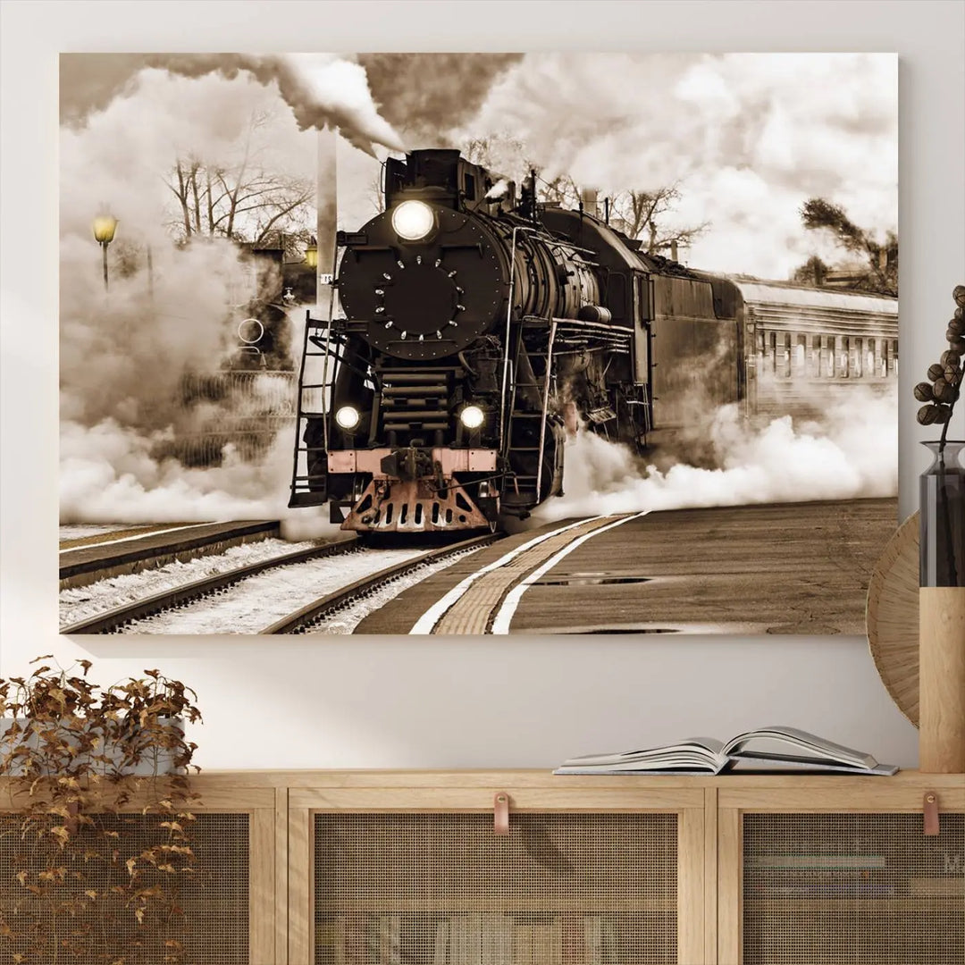 A Black Steam Train Canvas Wall Art is displayed, printed on museum-quality pollycotton.