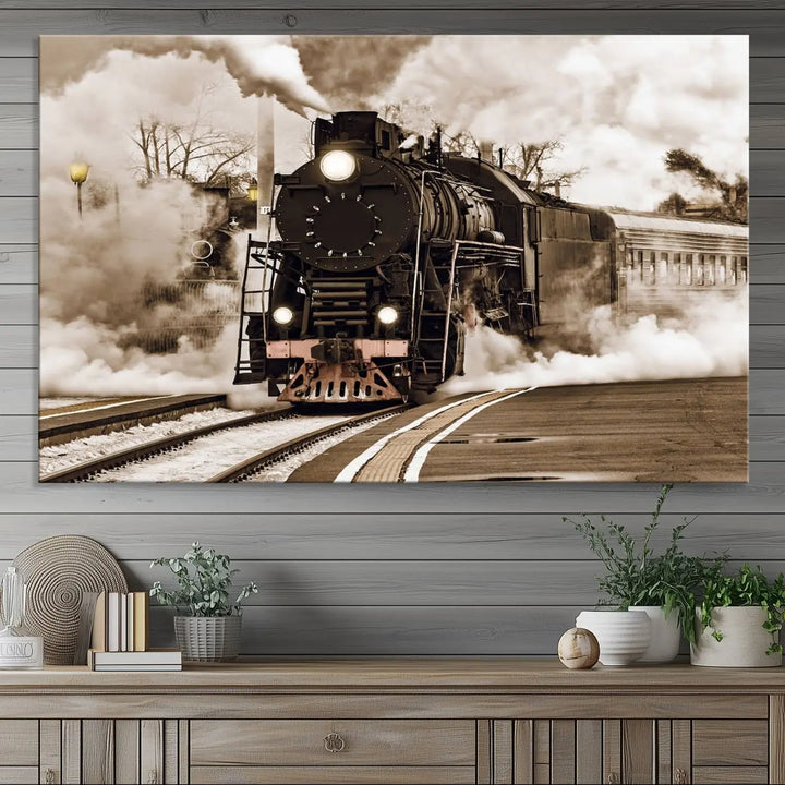 A Black Steam Train Canvas Wall Art is displayed, printed on museum-quality pollycotton.