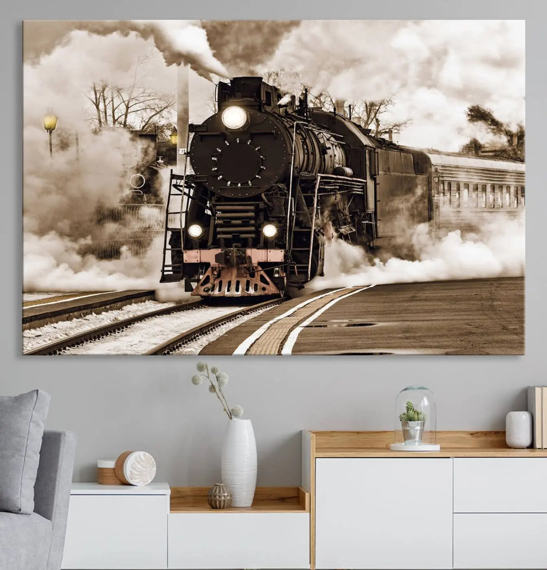 A Black Steam Train Canvas Wall Art is displayed, printed on museum-quality pollycotton.