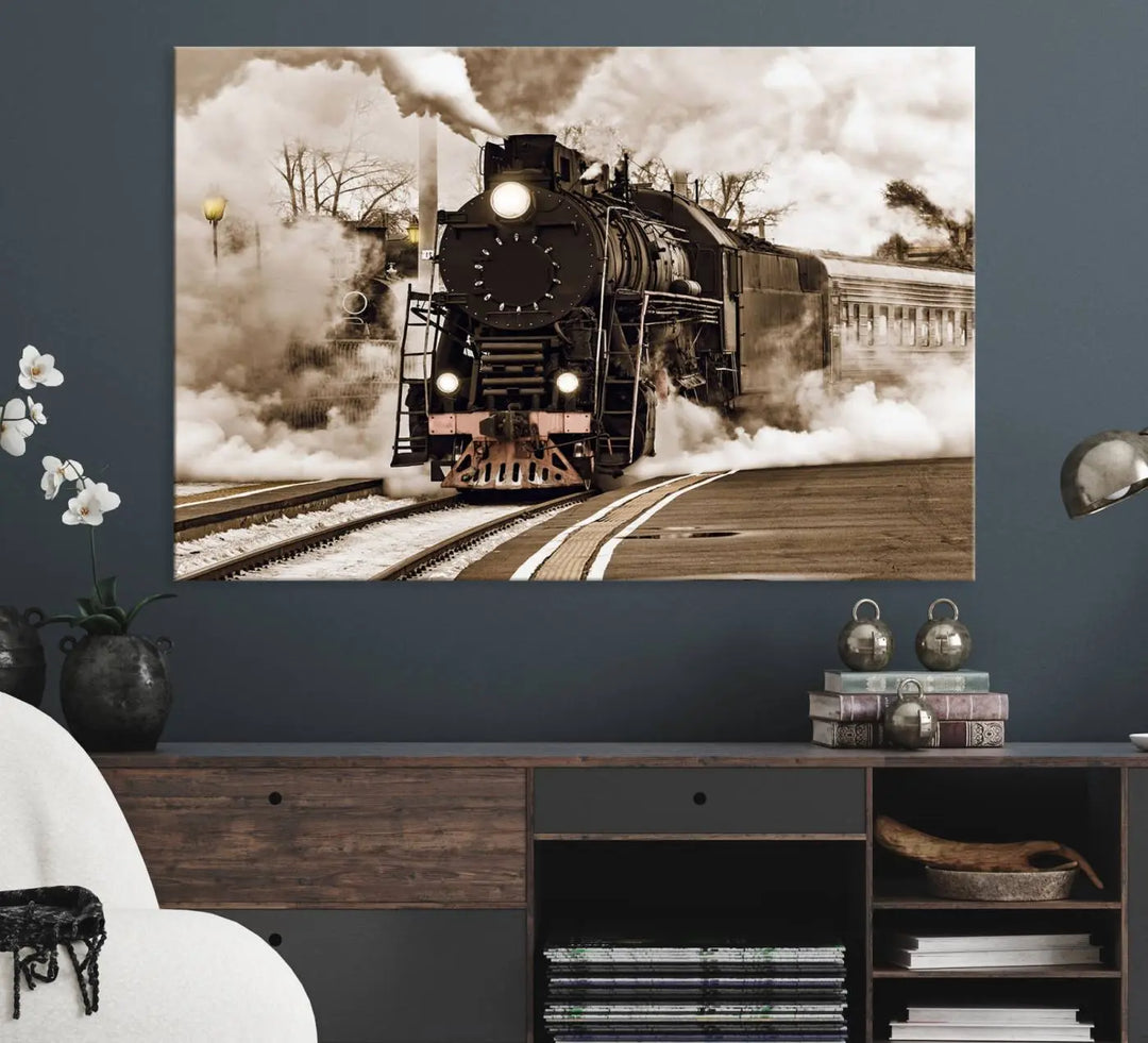 A Black Steam Train Canvas Wall Art is displayed, printed on museum-quality pollycotton.