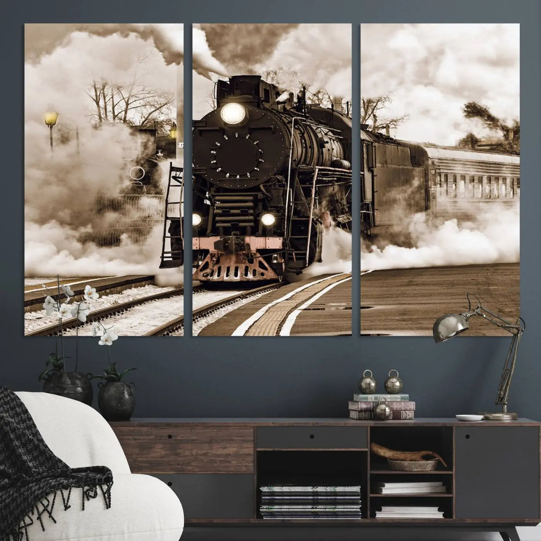 A Black Steam Train Canvas Wall Art is displayed, printed on museum-quality pollycotton.