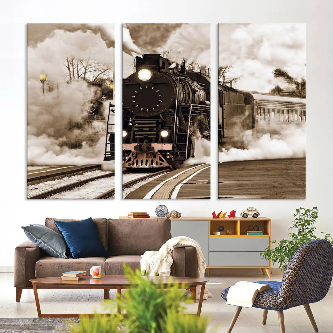 A Black Steam Train Canvas Wall Art is displayed, printed on museum-quality pollycotton.