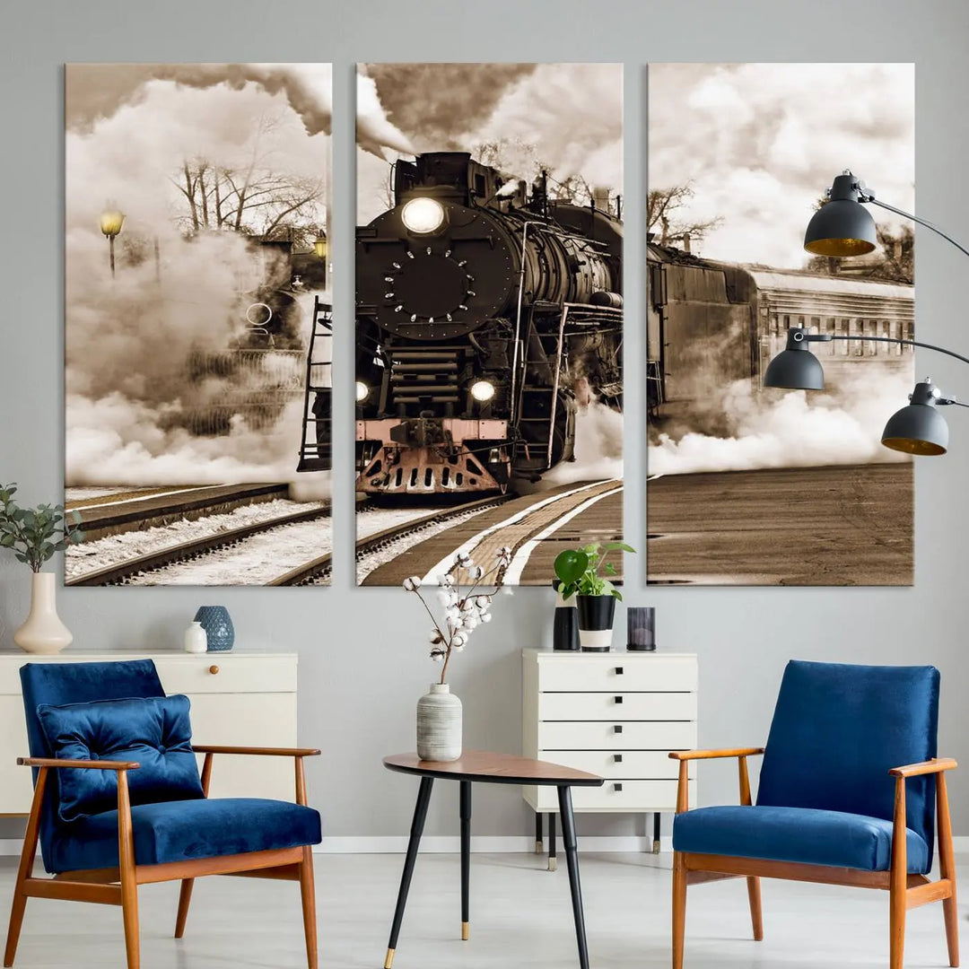 A Black Steam Train Canvas Wall Art is displayed, printed on museum-quality pollycotton.