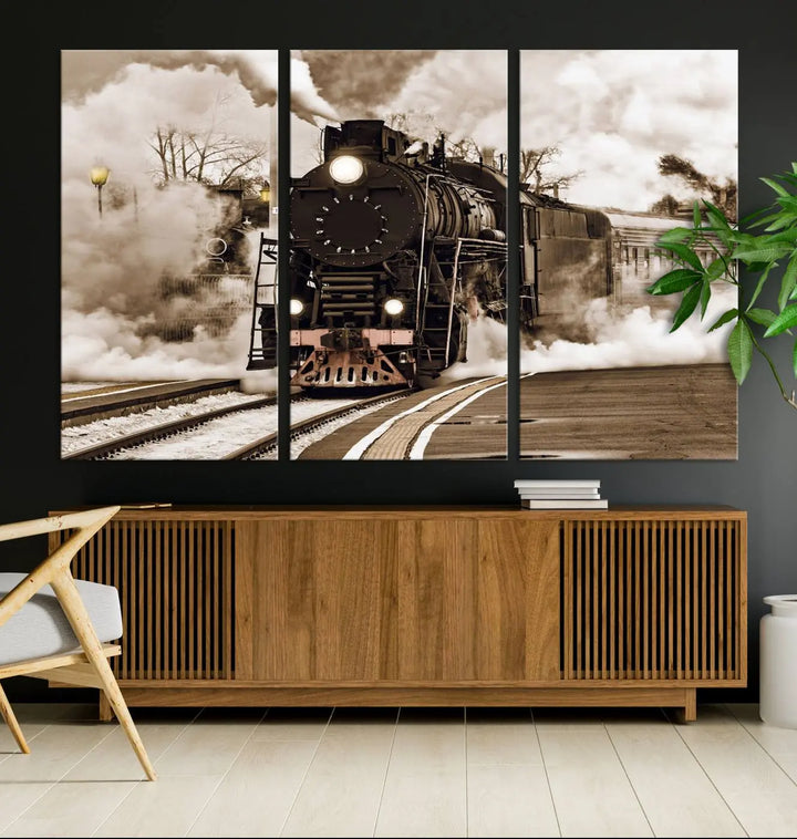 A Black Steam Train Canvas Wall Art is displayed, printed on museum-quality pollycotton.