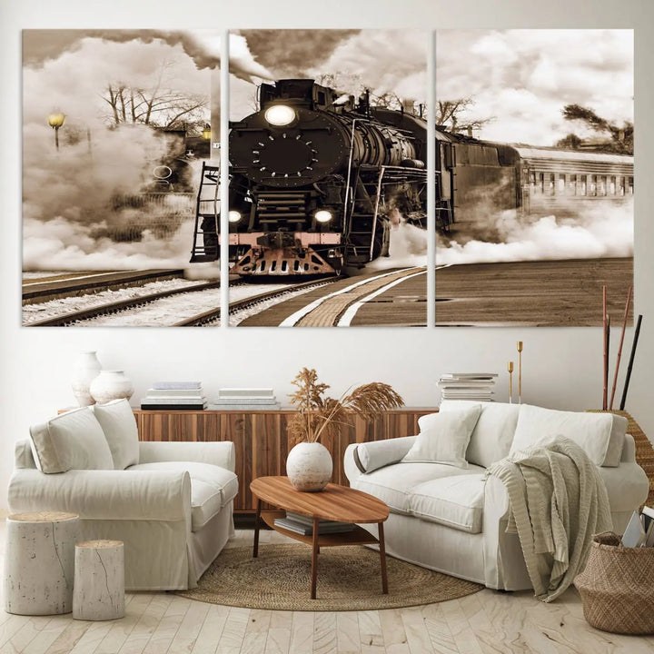 A Black Steam Train Canvas Wall Art is displayed, printed on museum-quality pollycotton.