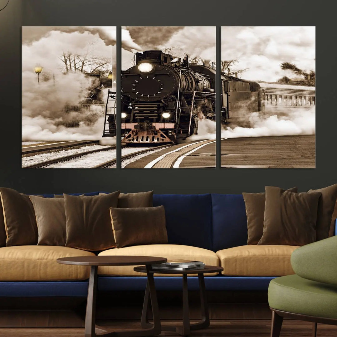 A Black Steam Train Canvas Wall Art is displayed, printed on museum-quality pollycotton.