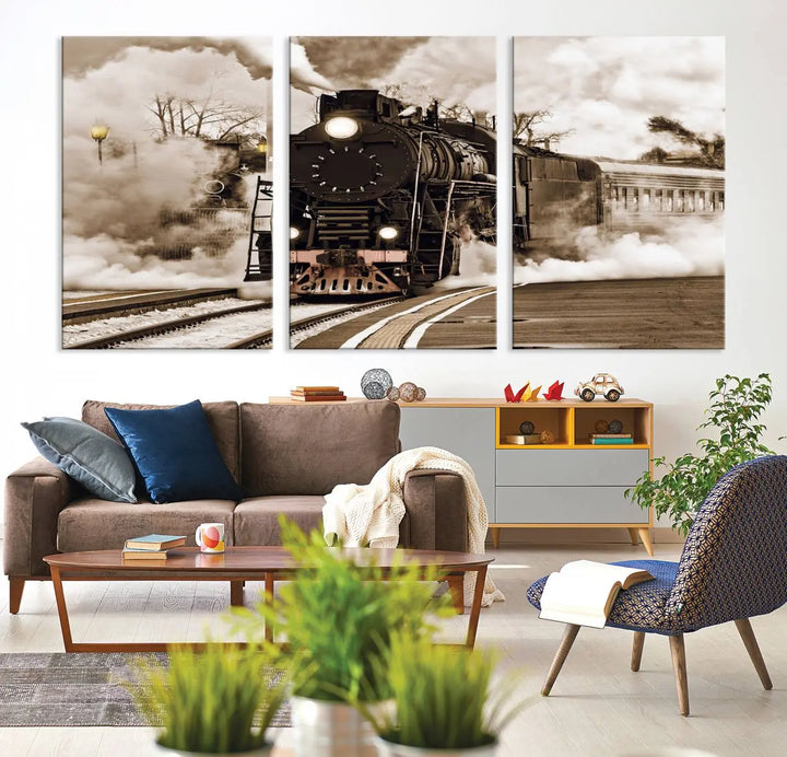 A Black Steam Train Canvas Wall Art is displayed, printed on museum-quality pollycotton.