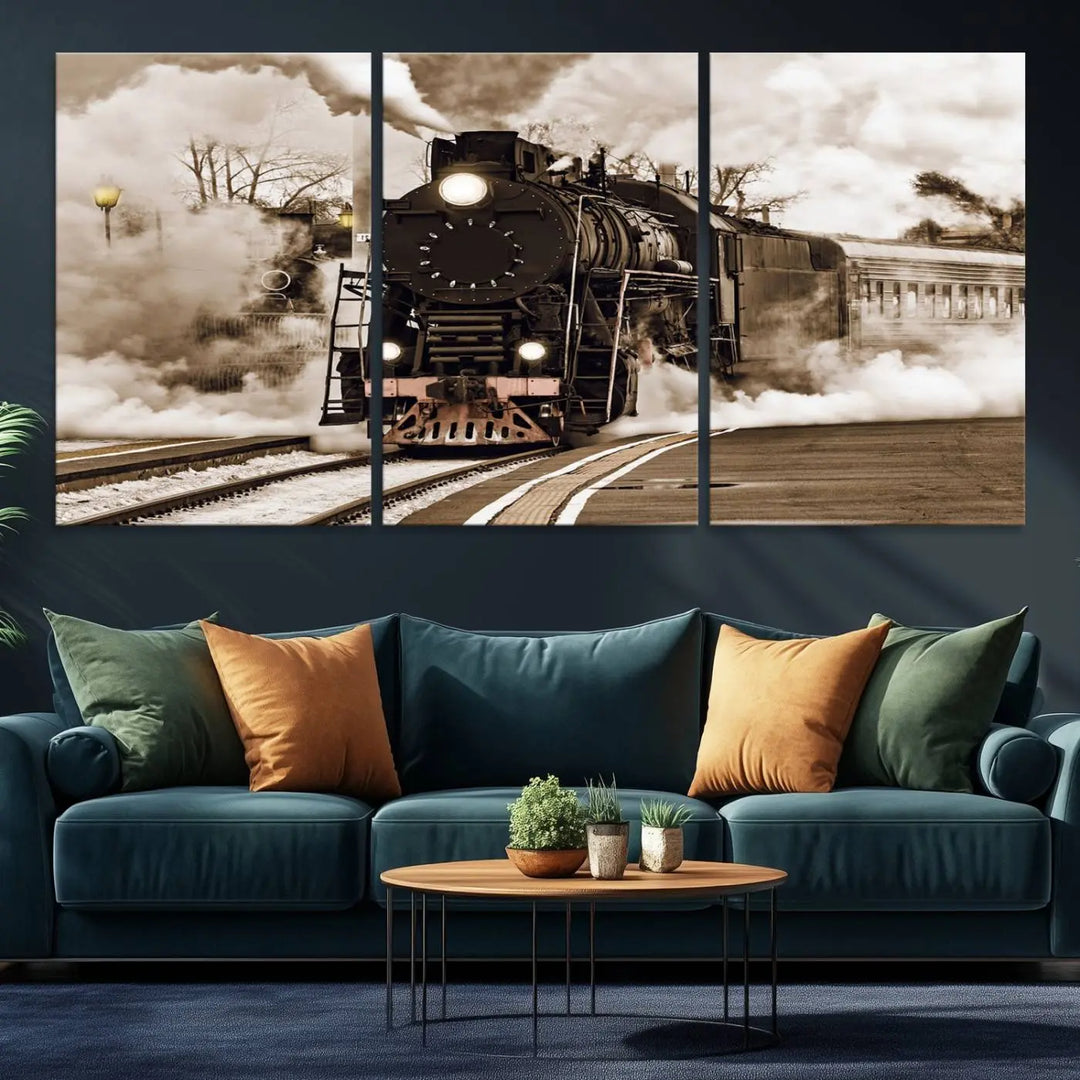 A Black Steam Train Canvas Wall Art is displayed, printed on museum-quality pollycotton.