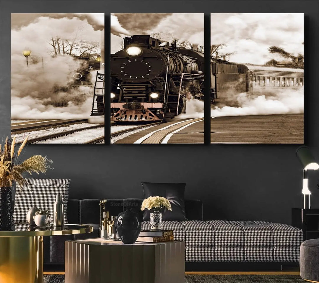 A Black Steam Train Canvas Wall Art is displayed, printed on museum-quality pollycotton.