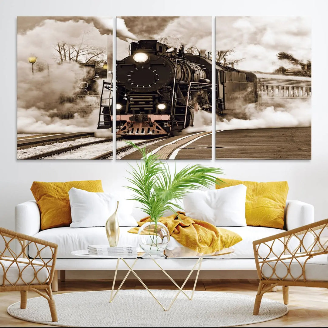 A Black Steam Train Canvas Wall Art is displayed, printed on museum-quality pollycotton.