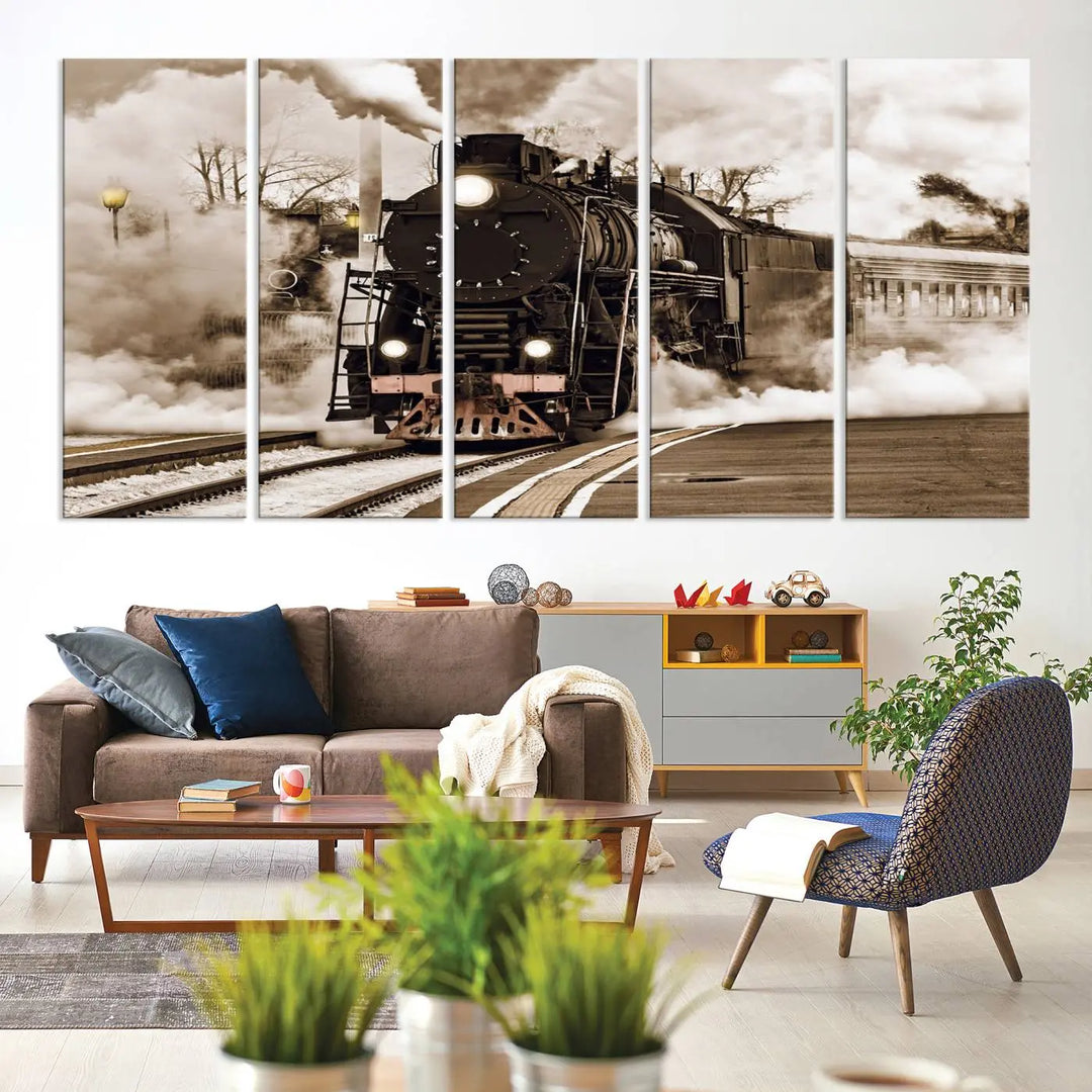 A Black Steam Train Canvas Wall Art is displayed, printed on museum-quality pollycotton.