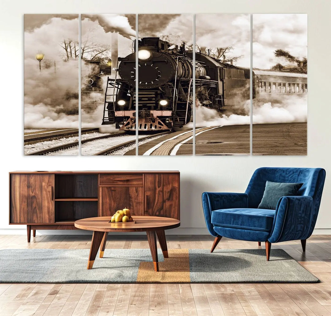 A Black Steam Train Canvas Wall Art is displayed, printed on museum-quality pollycotton.