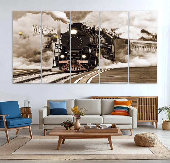 A Black Steam Train Canvas Wall Art is displayed, printed on museum-quality pollycotton.