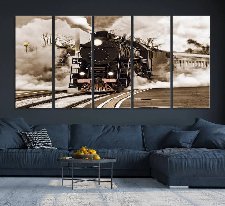 A Black Steam Train Canvas Wall Art is displayed, printed on museum-quality pollycotton.