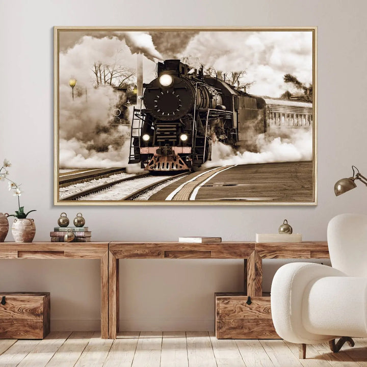 A Black Steam Train Canvas Wall Art is displayed, printed on museum-quality pollycotton.