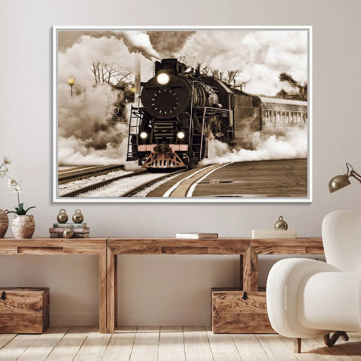 A Black Steam Train Canvas Wall Art is displayed, printed on museum-quality pollycotton.