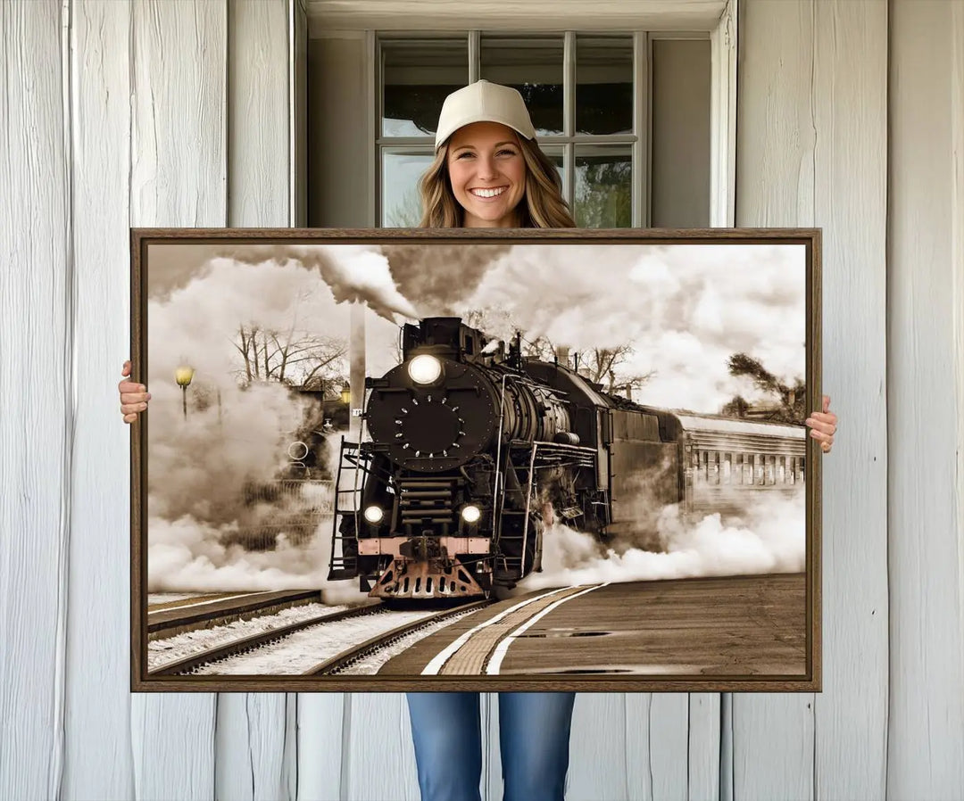 A Black Steam Train Canvas Wall Art is displayed, printed on museum-quality pollycotton.