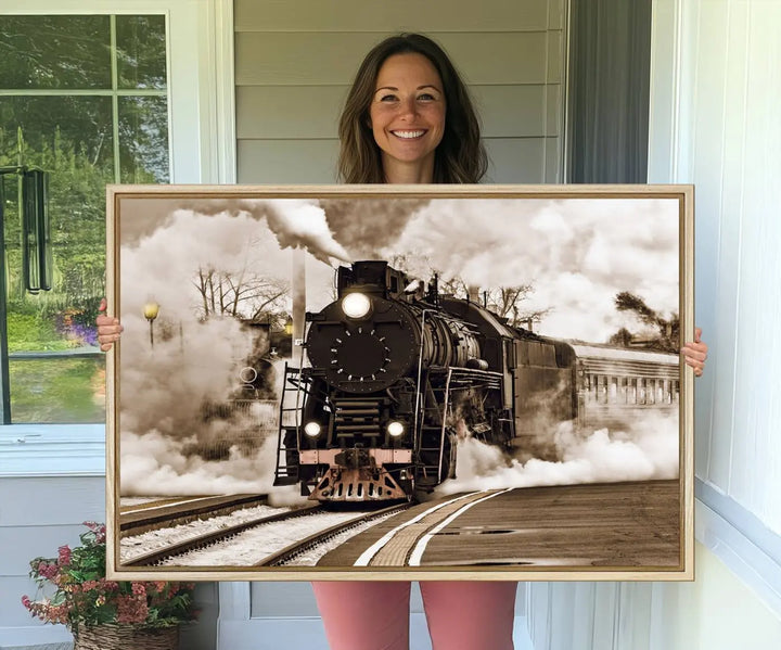 A Black Steam Train Canvas Wall Art is displayed, printed on museum-quality pollycotton.