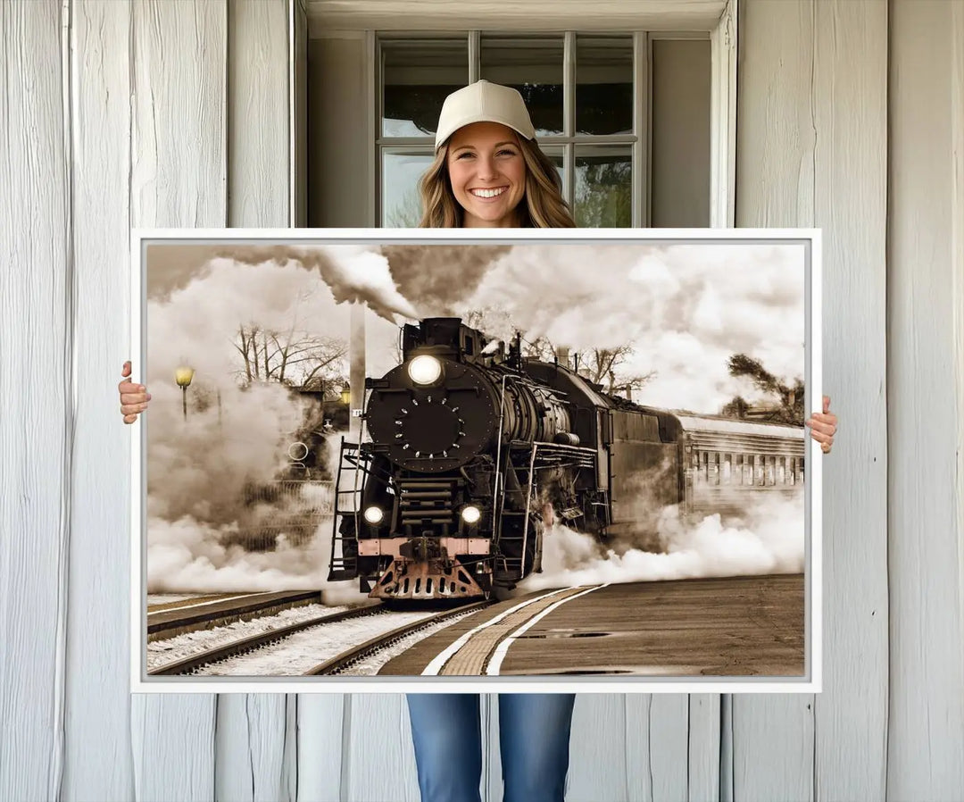 A Black Steam Train Canvas Wall Art is displayed, printed on museum-quality pollycotton.